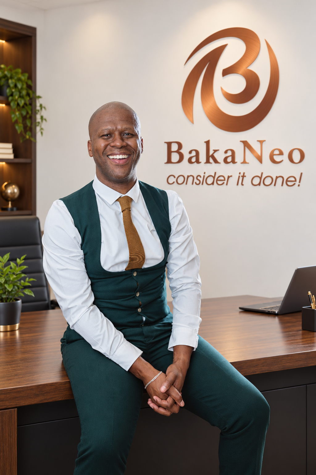 Obakeng Harry Lebethe seated on an office desk with the BakaNeo logo behind him